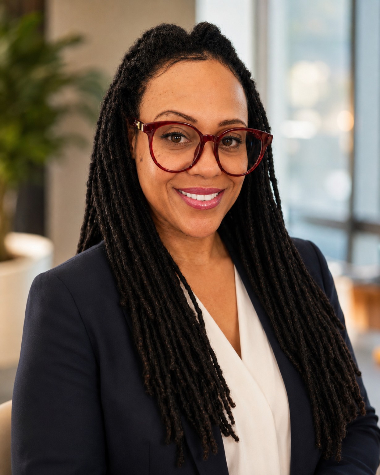 Fawnta Weaver, program and operations leader, wearing red glasses and a navy blazer.